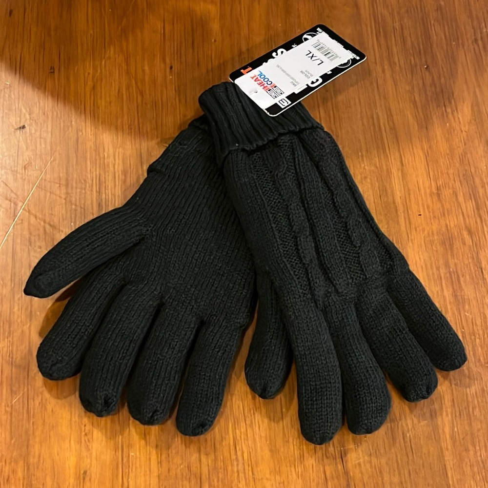 32 Degrees Heat Knit Black Winter Gloves Stretch Soft Lined Mens Large / XL